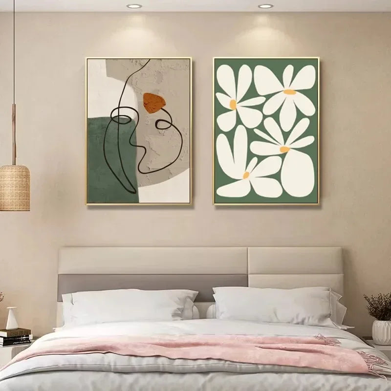 Botanical Line Art in Naturgrün – Wanddruck in Beige