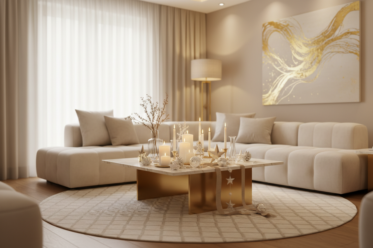 Erstelle ein hochwertiges, warmes und stilvolles Wohnambiente mit moderner Dekoration.
Beige- und Cremetöne, goldene Akzente, ein eleganter Couchtisch mit Kerzen, Vasen, Zweigen und neutraler Weihnachtsdeko ohne Rot.
Sanftes Licht, minimalistisch, gemütlich, luxuriös.
Fokus auf Ästhetik, Home-Styling und Premium-Interior.
Fotorealistisch, sehr soft, warm, clean, Editorial-Stil.